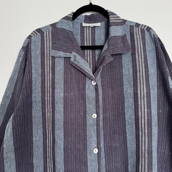 Bryn Walker Linen Shirt Women’s Medium Oversized Blue Stripe Pearl Made In USA - Picture 2 of 13